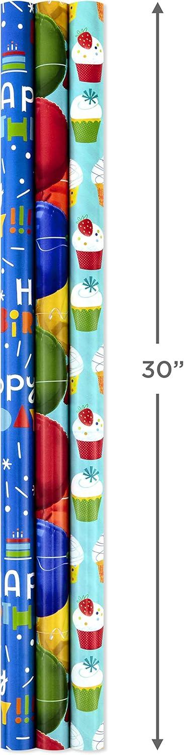 imageHallmark Birthday Wrapping Paper Rolls  Balloons Stars Cupcakes Blue Stripes Solid Red Gift Wrap Paper Set of 3 Reversible Rolls 75 sq ft ttlKids Birthday TriPack