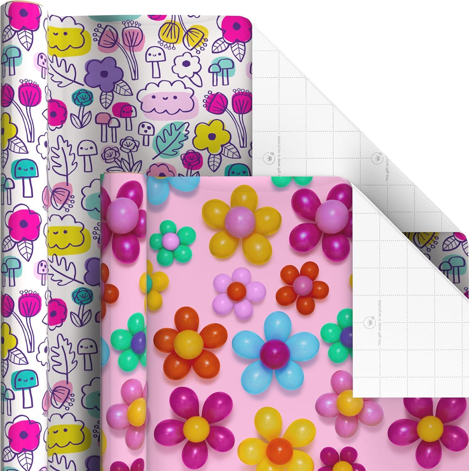 imageHallmark Birthday Wrapping Paper Rolls and Scotch Magic Tape Set of 6 Gift Wrap Rolls with 6 Rolls of Tape Flowers Stripes Pink Teal and Black Polka DotsWrapping Paper  Scotch Magic Tape