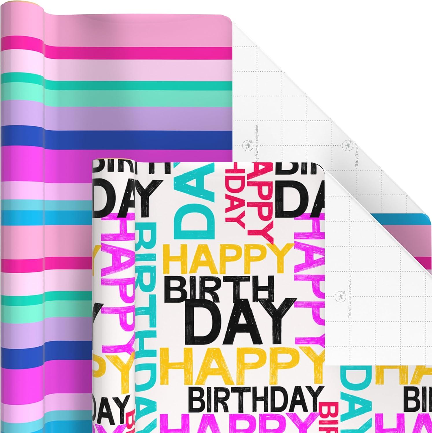 imageHallmark Birthday Wrapping Paper Rolls and Scotch Magic Tape Set of 6 Gift Wrap Rolls with 6 Rolls of Tape Flowers Stripes Pink Teal and Black Polka DotsWrapping Paper  Scotch Magic Tape