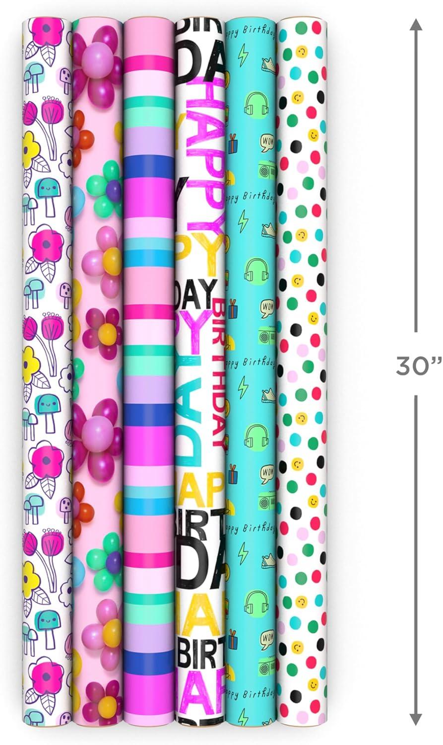 imageHallmark Birthday Wrapping Paper Rolls and Scotch Magic Tape Set of 6 Gift Wrap Rolls with 6 Rolls of Tape Flowers Stripes Pink Teal and Black Polka DotsWrapping Paper  Scotch Magic Tape