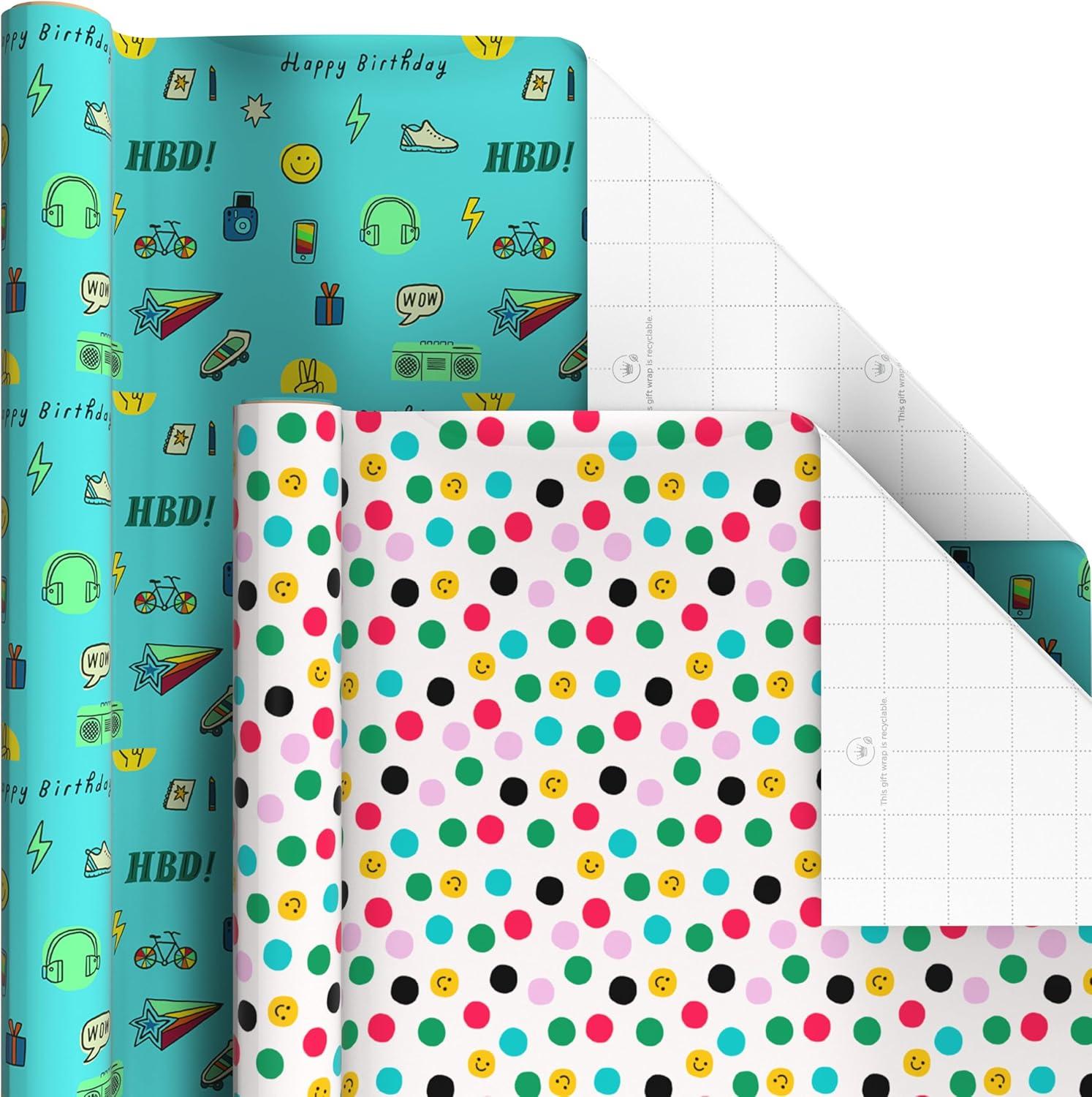 imageHallmark Birthday Wrapping Paper Rolls and Scotch Magic Tape Set of 6 Gift Wrap Rolls with 6 Rolls of Tape Flowers Stripes Pink Teal and Black Polka DotsWrapping Paper  Scotch Magic Tape