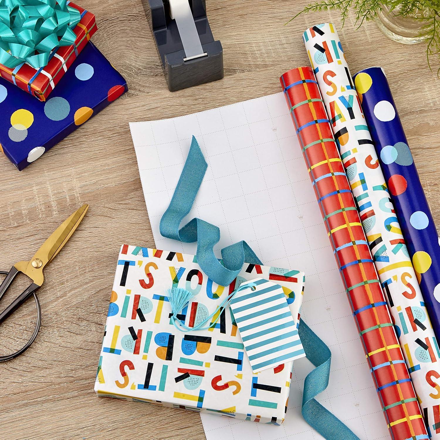 imageHallmark Birthday Wrapping Paper with Templates for Handmade Bows on Reverse 3Pack 75 sq ft ttl Royal Blue Rainbow Stripes Colorful ConfettiPolka Dot  Its Your Birthday  Grid