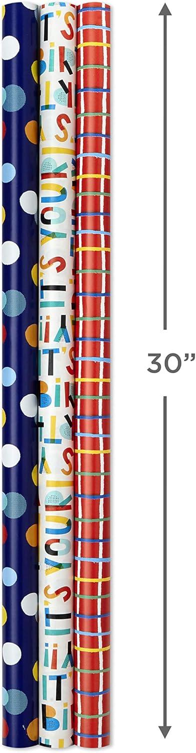 imageHallmark Birthday Wrapping Paper with Templates for Handmade Bows on Reverse 3Pack 75 sq ft ttl Royal Blue Rainbow Stripes Colorful ConfettiPolka Dot  Its Your Birthday  Grid