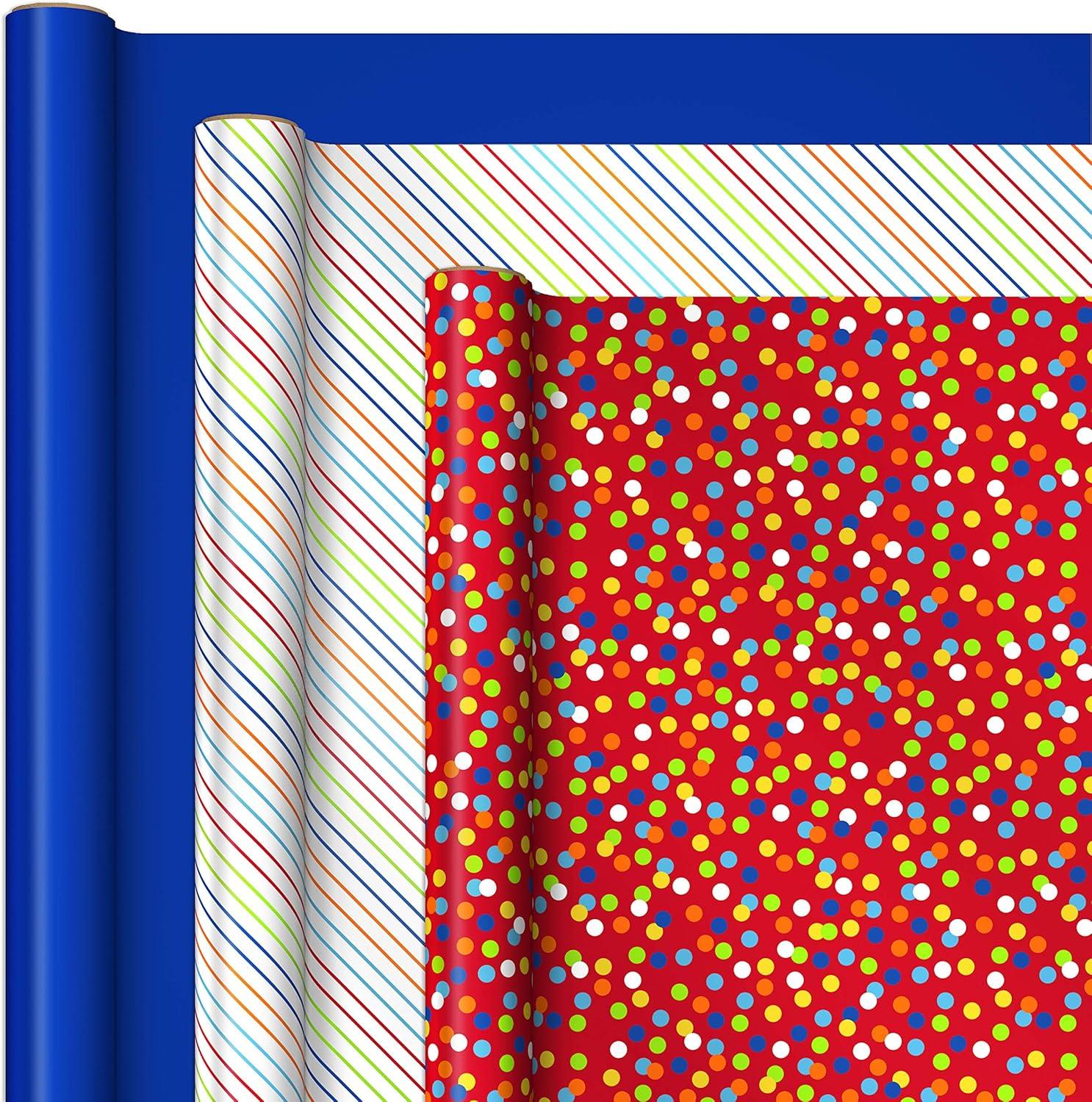 imageHallmark Birthday Wrapping Paper with Templates for Handmade Bows on Reverse 3Pack 75 sq ft ttl Royal Blue Rainbow Stripes Colorful ConfettiPolka Dots  Rainbow Stripes  Solid Blue