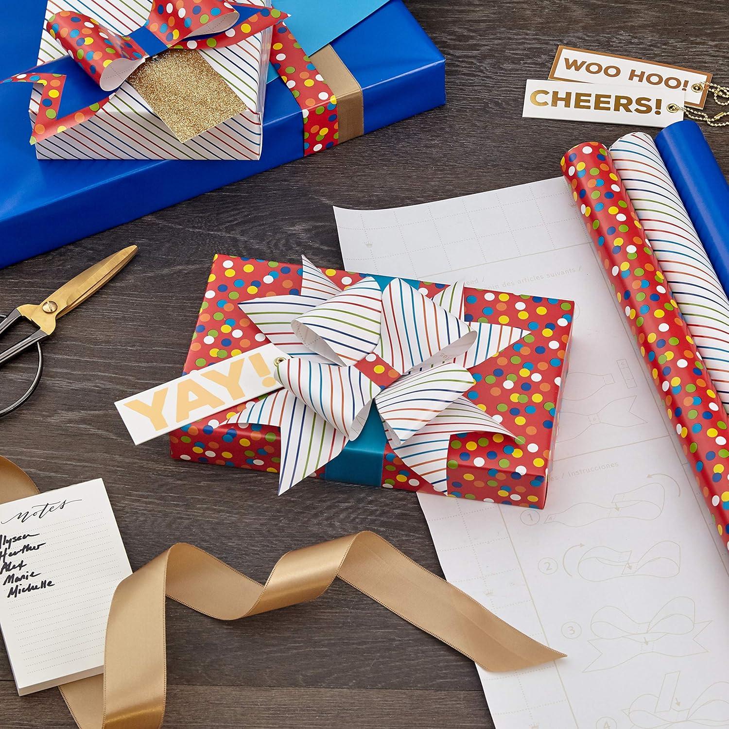 imageHallmark Birthday Wrapping Paper with Templates for Handmade Bows on Reverse 3Pack 75 sq ft ttl Royal Blue Rainbow Stripes Colorful ConfettiPolka Dots  Rainbow Stripes  Solid Blue