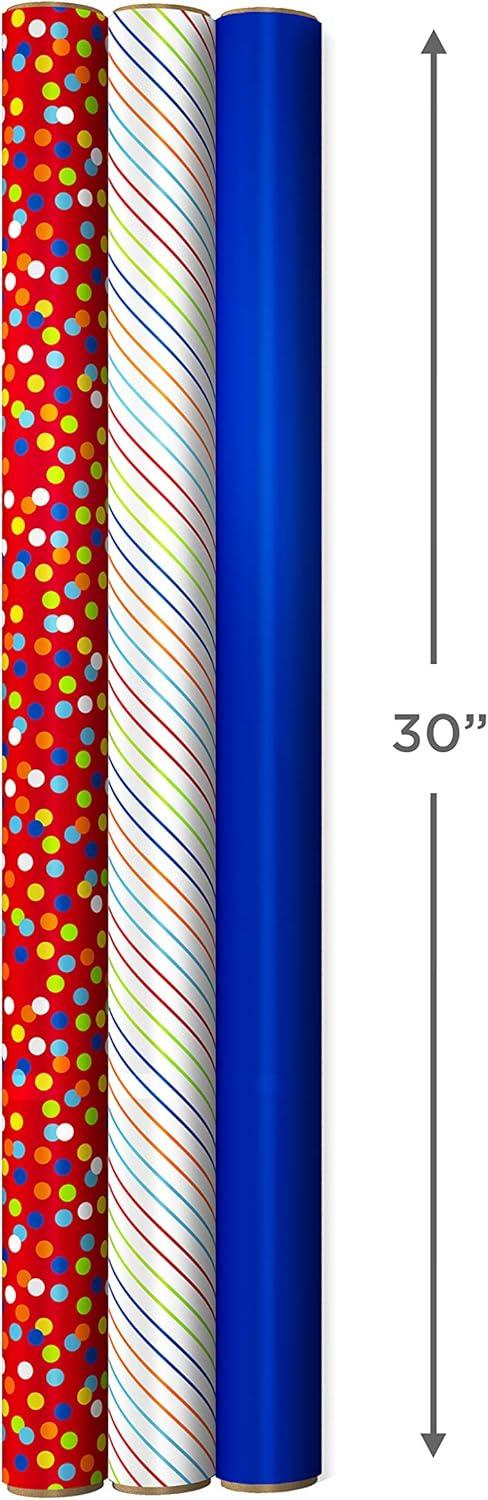 imageHallmark Birthday Wrapping Paper with Templates for Handmade Bows on Reverse 3Pack 75 sq ft ttl Royal Blue Rainbow Stripes Colorful ConfettiPolka Dots  Rainbow Stripes  Solid Blue