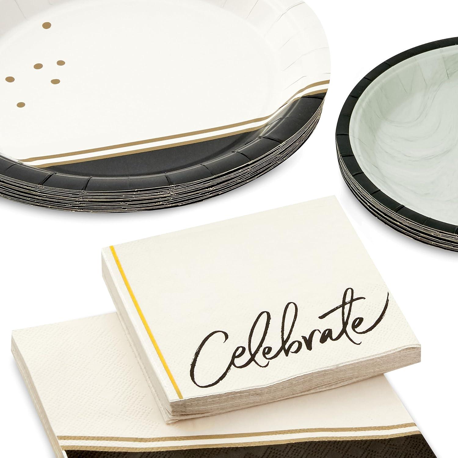 imageHallmark Black and Gold Party Supplies 16 Round Dinner Plates 16 Round Dessert Plates 16 Beverage Napkins 16 Dinner Napkins for Weddings Graduations EngagementsChic Black  Ivory  Gold