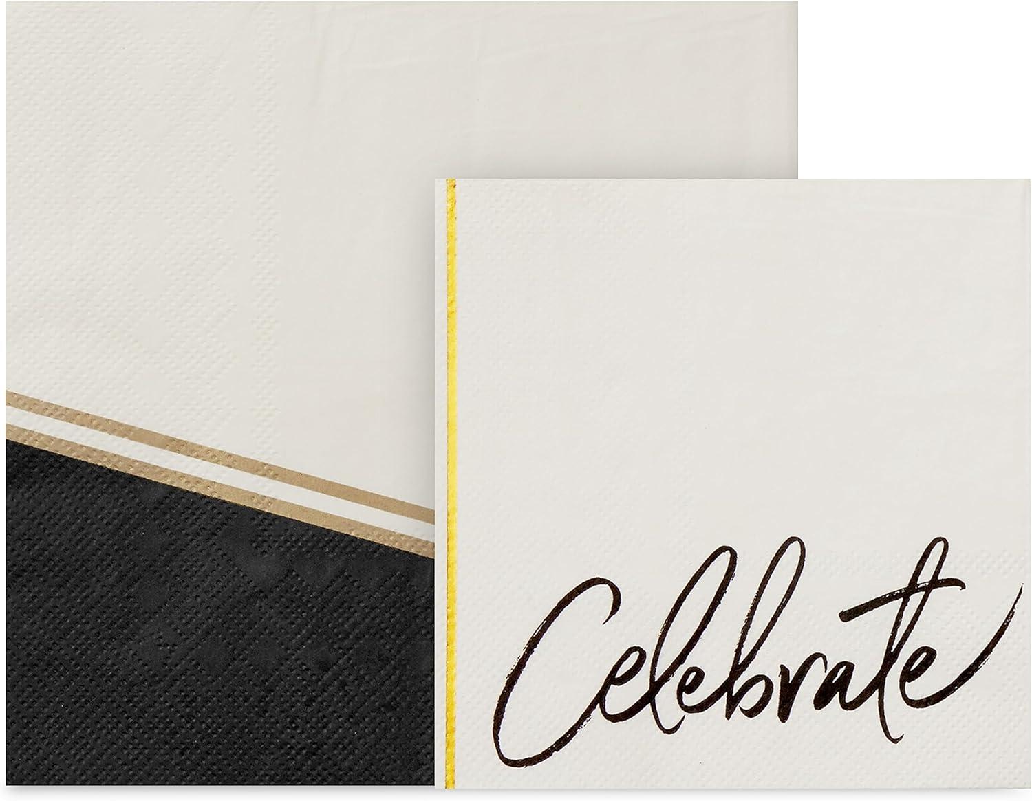 imageHallmark Black and Gold Party Supplies 16 Round Dinner Plates 16 Round Dessert Plates 16 Beverage Napkins 16 Dinner Napkins for Weddings Graduations EngagementsChic Black  Ivory  Gold