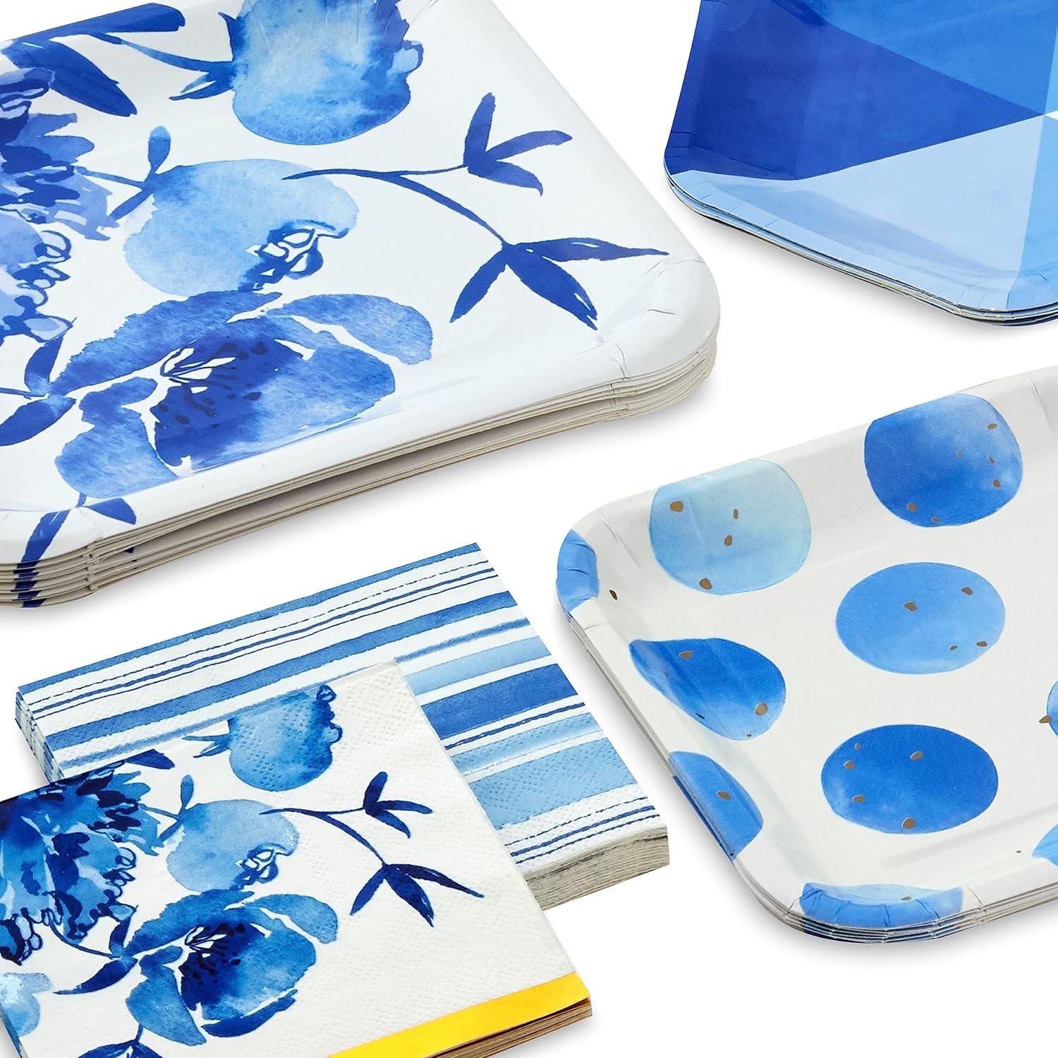 imageHallmark Blue Floral Party Supplies 16 Square Dinner Plates 8 Square Dessert Plates 8 Hexagonal Dessert Plates 32 Beverage Napkins Flowers Stripes Polka Dots