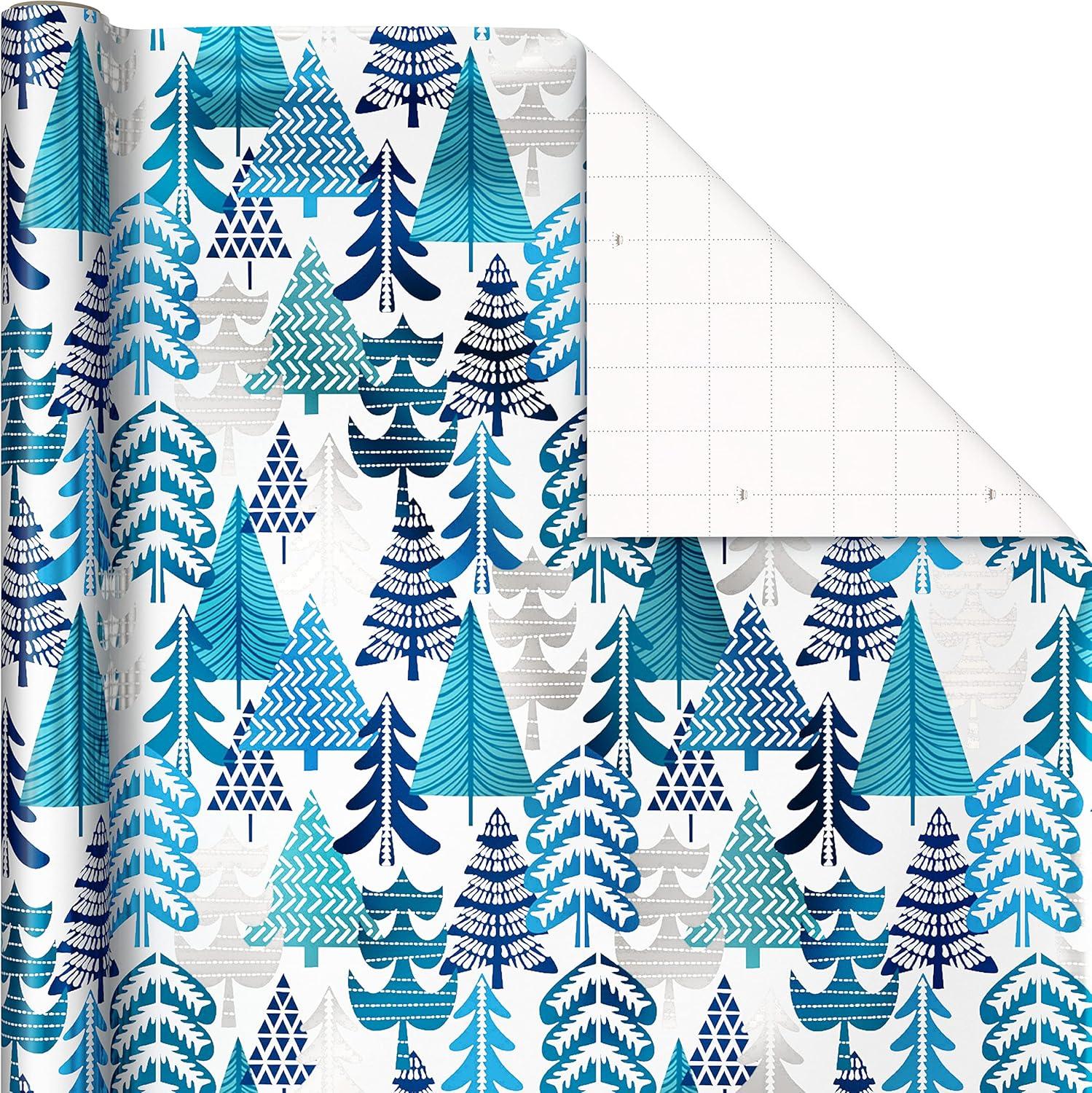 imageHallmark Blue Foil Christmas Wrapping Paper with Cut Lines on Reverse 3 Rolls 60 sq ft ttl Snowmen Snowflakes Christmas TreesBlue Snowman  Snowflakes  Trees