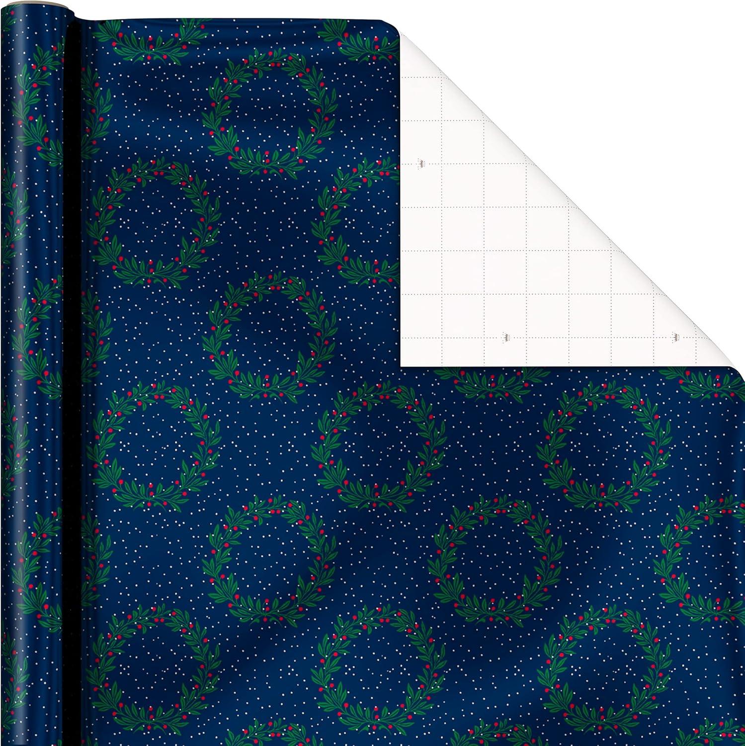 imageHallmark Blue Foil Christmas Wrapping Paper with Cut Lines on Reverse 3 Rolls 60 sq ft ttl Snowmen Snowflakes Christmas TreesGreen Plaid  Wreath  Woodland Scene