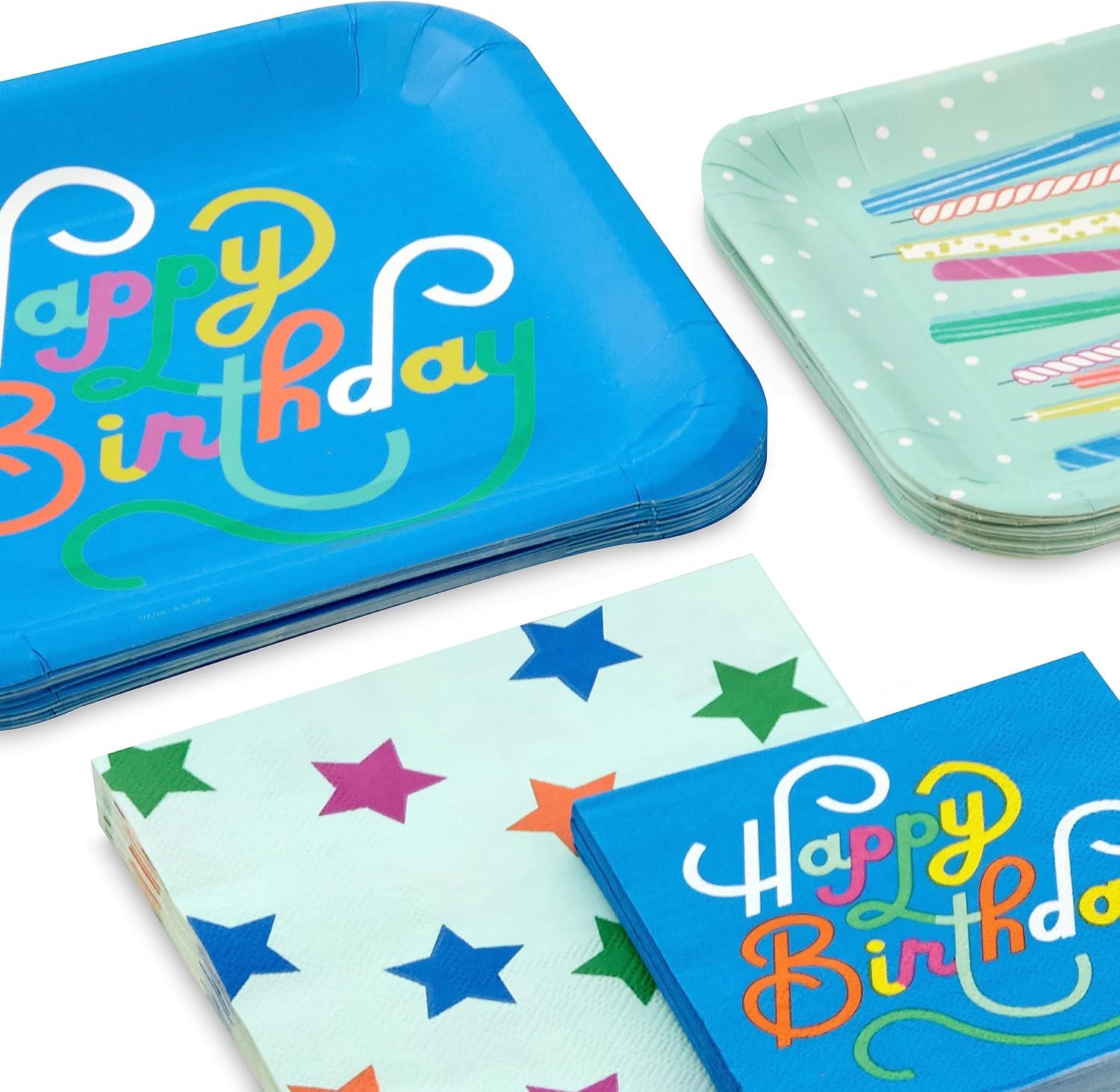 imageHallmark Blue and Mint Green Birthday Party Supplies 16 Square Dinner Plates 16 Square Dessert Plates 16 Beverage Napkins 16 Dinner Napkins Stars and Candles