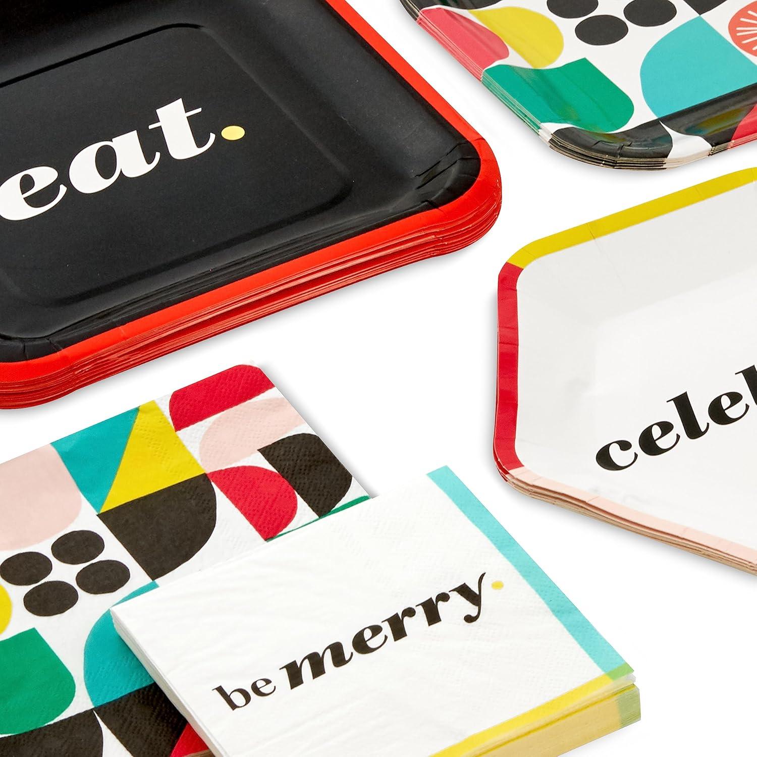 imageHallmark Bold Black White and Red Party Supplies 16 Dinner Plates 8 Square Dessert Plates 8 Hexagonal Dessert Plates 16 Dinner Napkins 16 Beverage Napkins quotEat Celebrate Be Merryquot