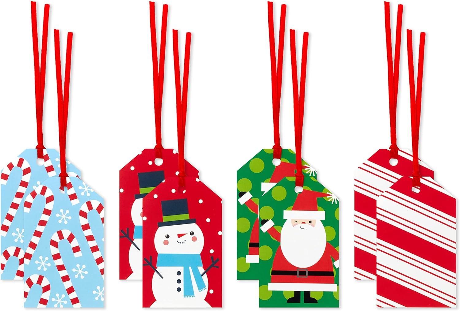 imageHallmark Christmas Gift Tags with Ribbon Sticker Seals and Mini Notecards Santa Snowman Stripes Red Green Blue for Gift Bags and Wrapped Presents