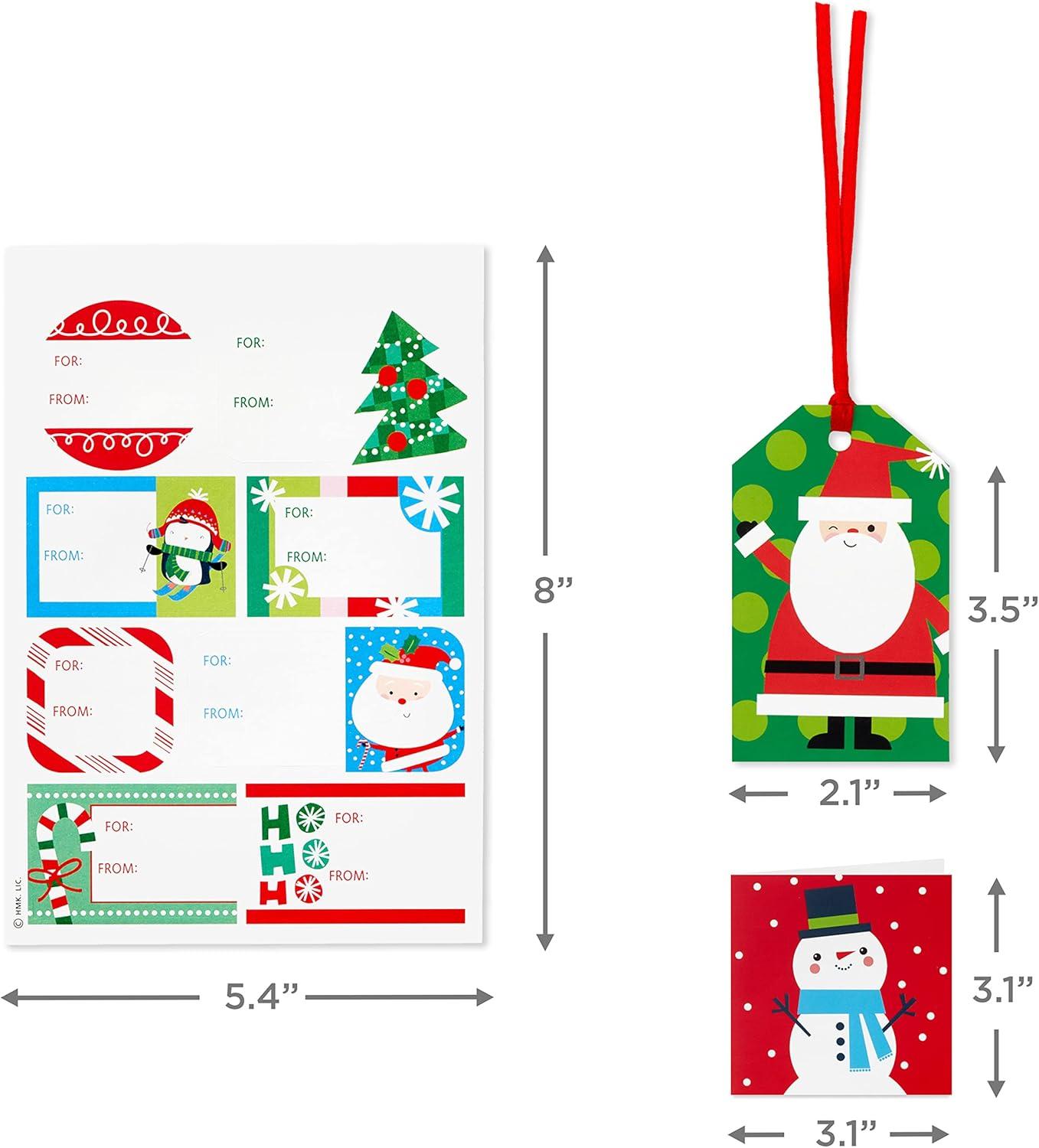 imageHallmark Christmas Gift Tags with Ribbon Sticker Seals and Mini Notecards Santa Snowman Stripes Red Green Blue for Gift Bags and Wrapped Presents