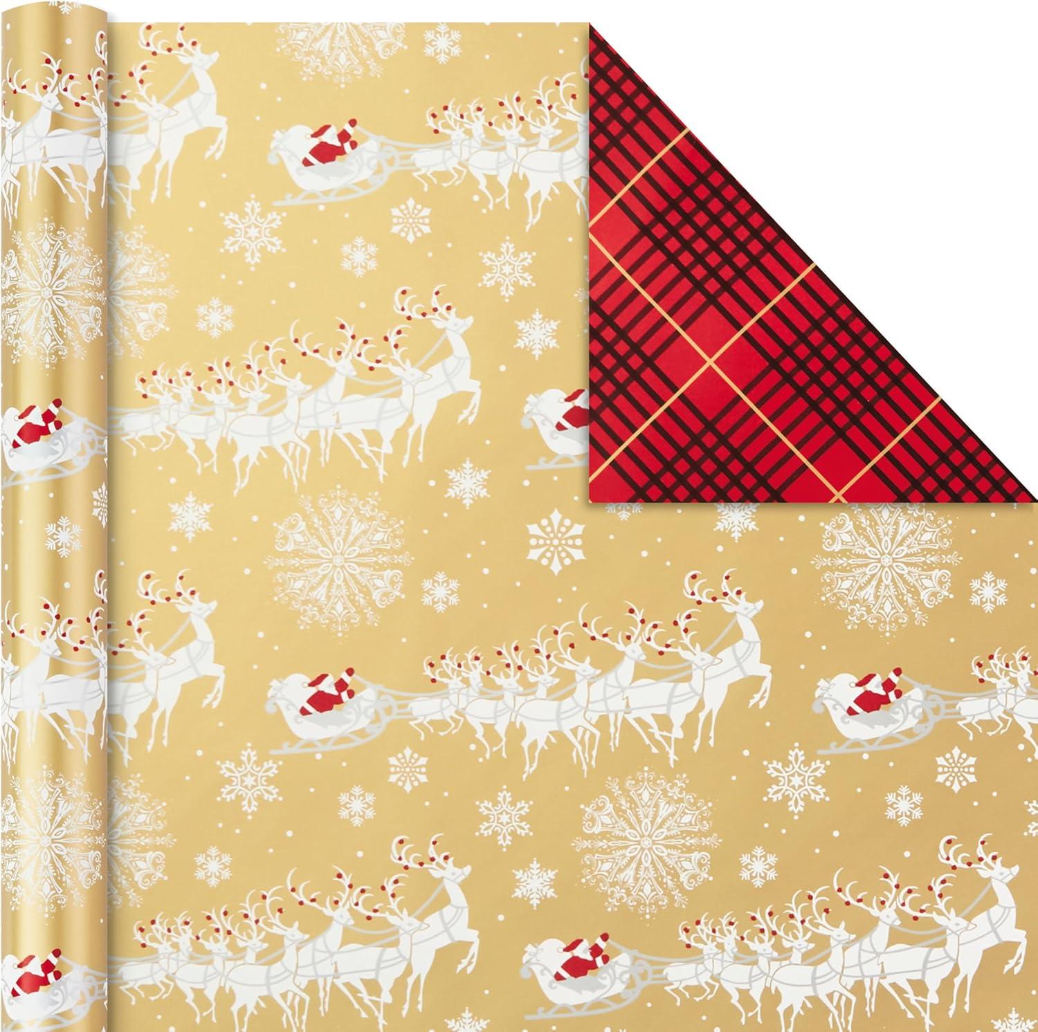 imageHallmark Christmas Wrapping Paper Rolls and Scotch GiftWrap Tape Set of 3 Reversible Gift Wrap Rolls with 6 Rolls of Tape Traditional Holiday  Santa Red and Gold Snowflakes Stripes PlaidWrapping Paper  Scotch Tape