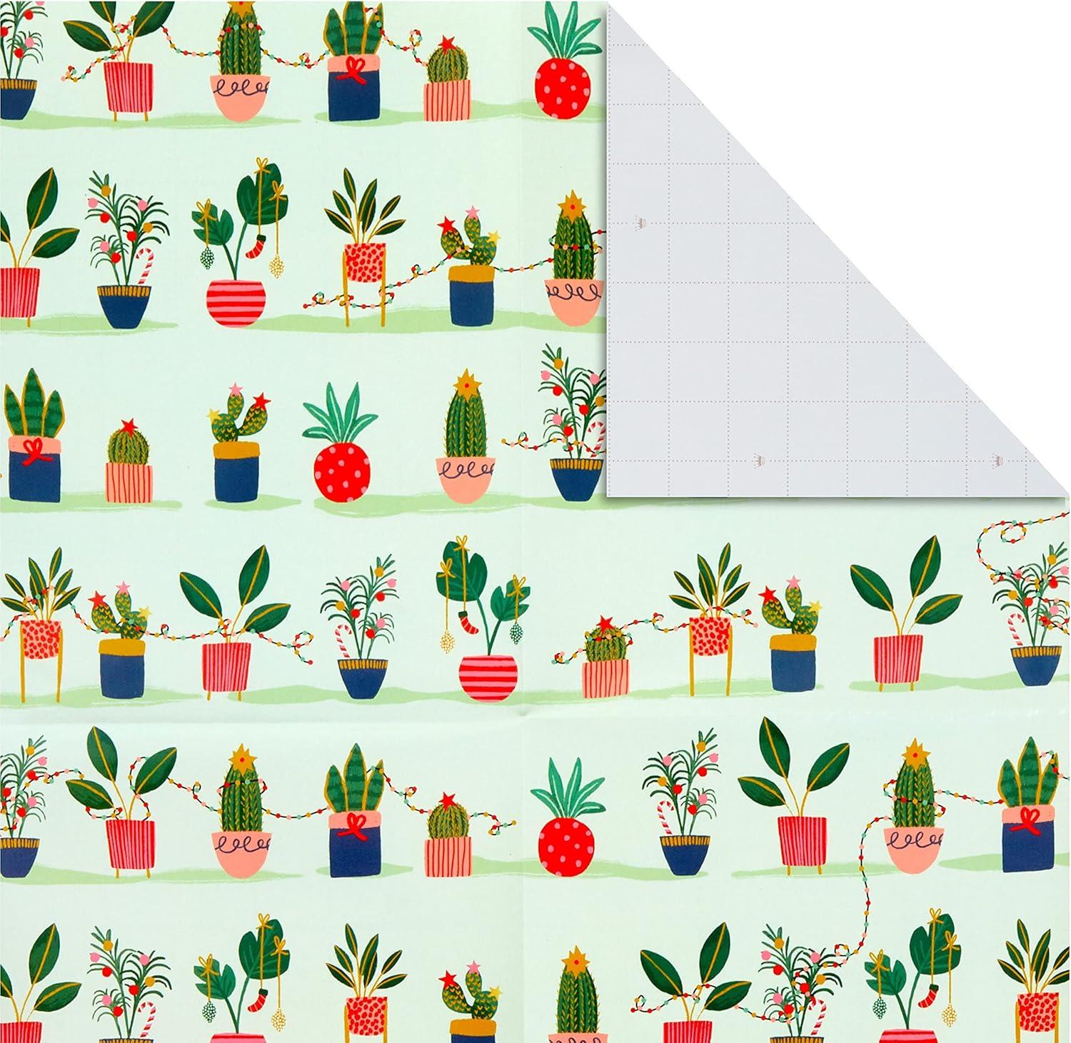 imageHallmark Cute Christmas Flat Wrapping Paper Sheets with Cutlines on Reverse 12 Folded Sheets with Sticker Gift Tags Pink Mint Green Plants Cactus Presents OrnamentsOrnaments  Cactus  Wrapped Presents