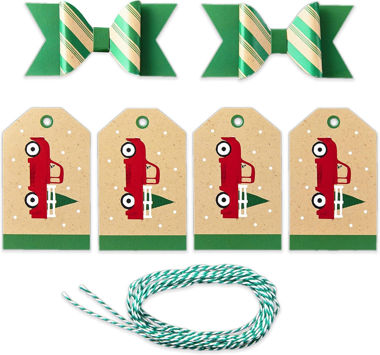 imageHallmark Holiday Gift Wrap Accessory Kit Red Truck Tree Snowflake 6 Gift Bows 12 Gift Tags 9 Yards of Twine  Kraft Red Green WhiteRed  Green  and Kraft