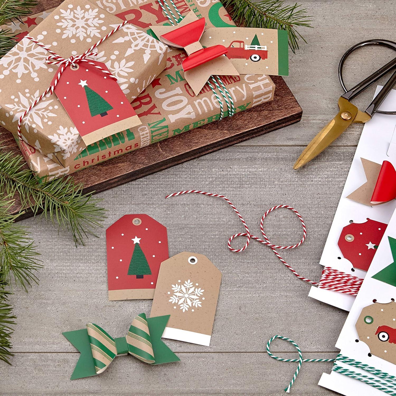 imageHallmark Holiday Gift Wrap Accessory Kit Red Truck Tree Snowflake 6 Gift Bows 12 Gift Tags 9 Yards of Twine  Kraft Red Green WhiteRed  Green  and Kraft