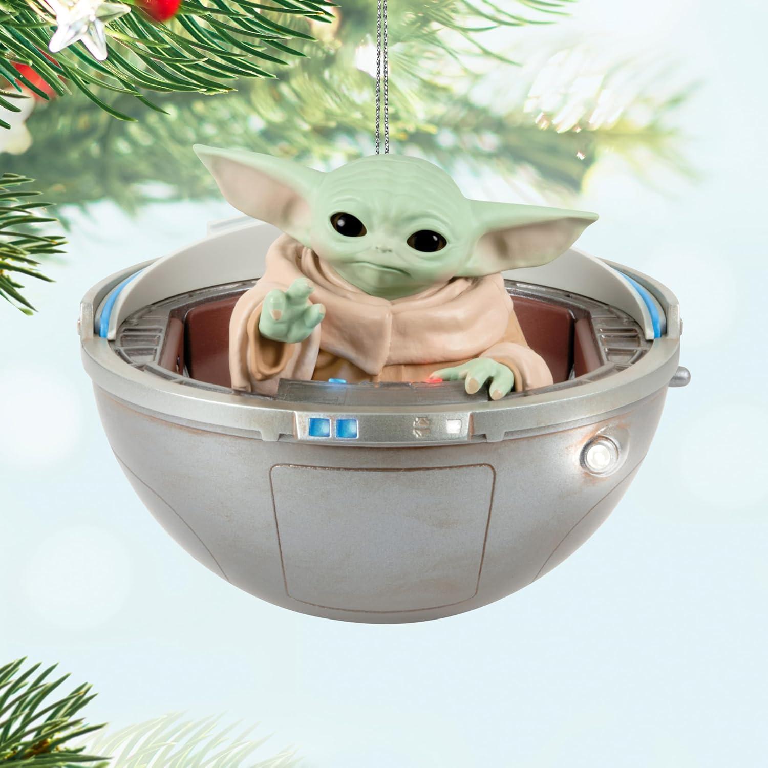 imageHallmark Keepsake Christmas Ornament 2024 Star Wars The Mandalorian Grogu in Hovering Pram With Light Sound and Motion Gifts for Star Wars Fans