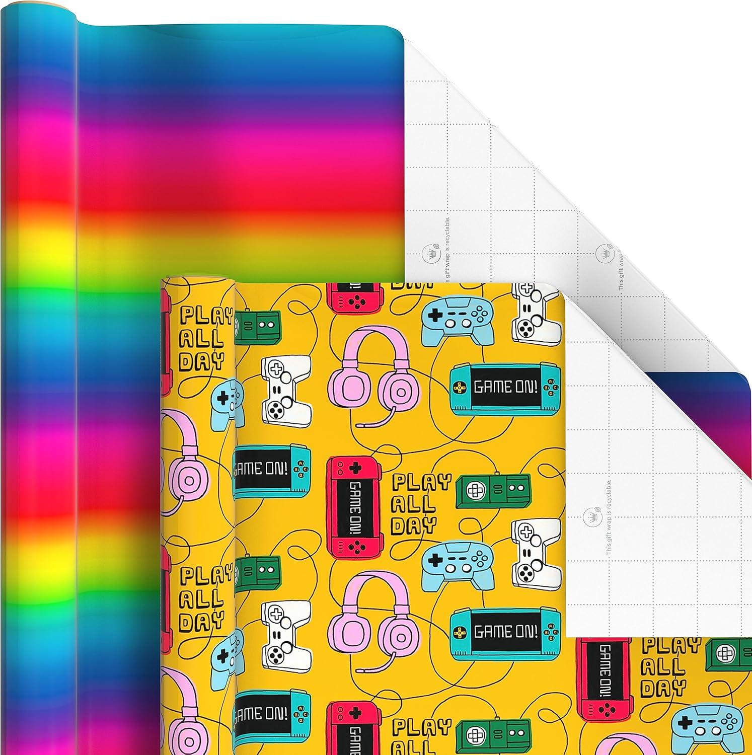 imageHallmark Kids Wrapping Paper with Cutlines on Reverse 6 Rolls 180 Sq Ft Total Dinosaurs Unicorns Rainbow Video GamesDinosaurs  Unicorns  Rainbow  Video Games