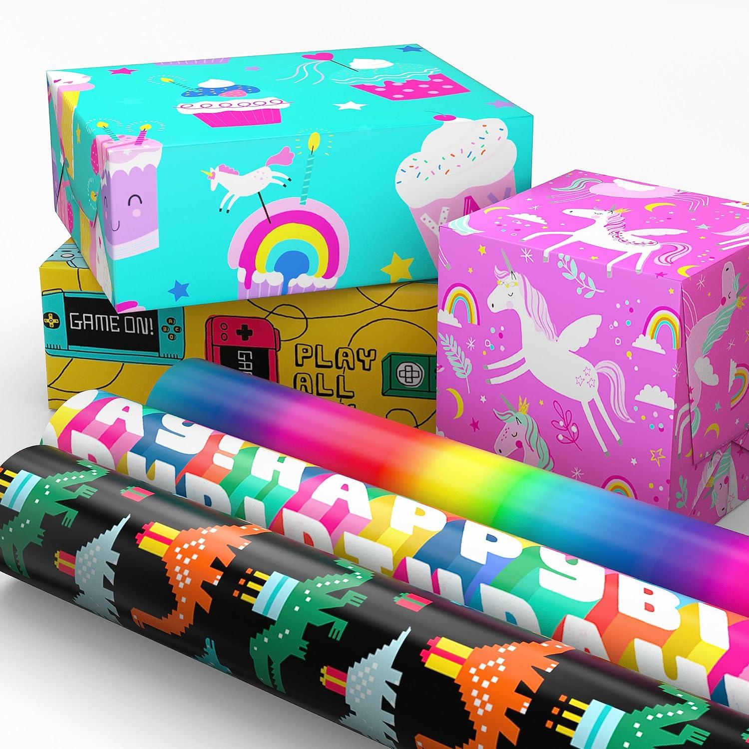 imageHallmark Kids Wrapping Paper with Cutlines on Reverse 6 Rolls 180 Sq Ft Total Dinosaurs Unicorns Rainbow Video GamesDinosaurs  Unicorns  Rainbow  Video Games