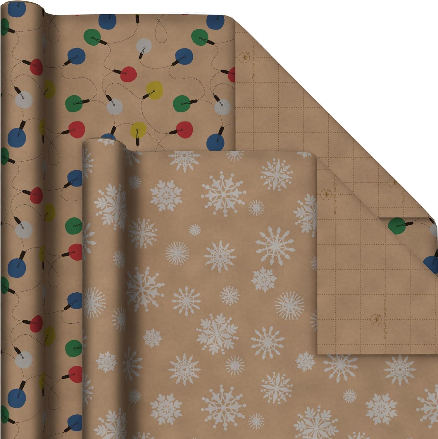 imageHallmark Kraft Christmas Wrapping Paper for Kids with Cut Lines on Reverse 4 Rolls 88 sq ft ttl Penguins Santa Snowmen Polka DotsChristmas Lights  Deer  Snowflakes  Red  Green  Blue Stripes