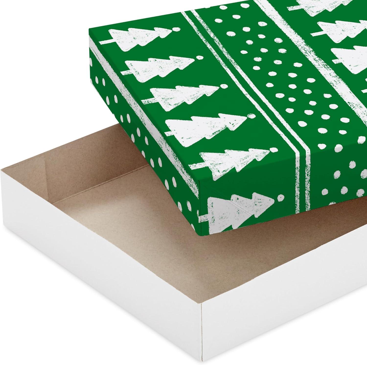 imageHallmark Medium Christmas Gift Boxes with Lids 12 Shirt Boxes 3 Designs Lights Trees Red and Green Stripes for Christmas Holiday Parties Hostess Gifts1 Count Pack of 12