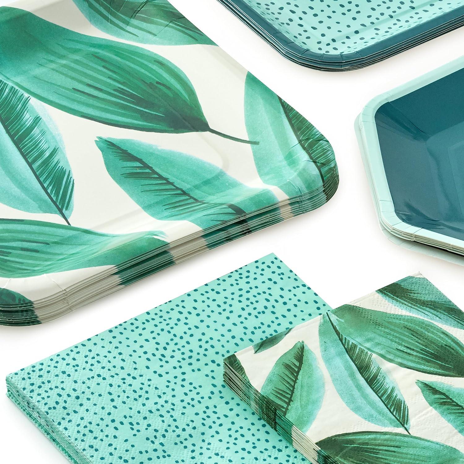 imageHallmark Palm Leaves Party Supplies 16 Square Dinner Plates 8 Square Dessert Plates 8 Hexagonal Dessert Plates 16 Dinner Napkins 16 Beverage Napkins Plants Polka Dots Dark Green