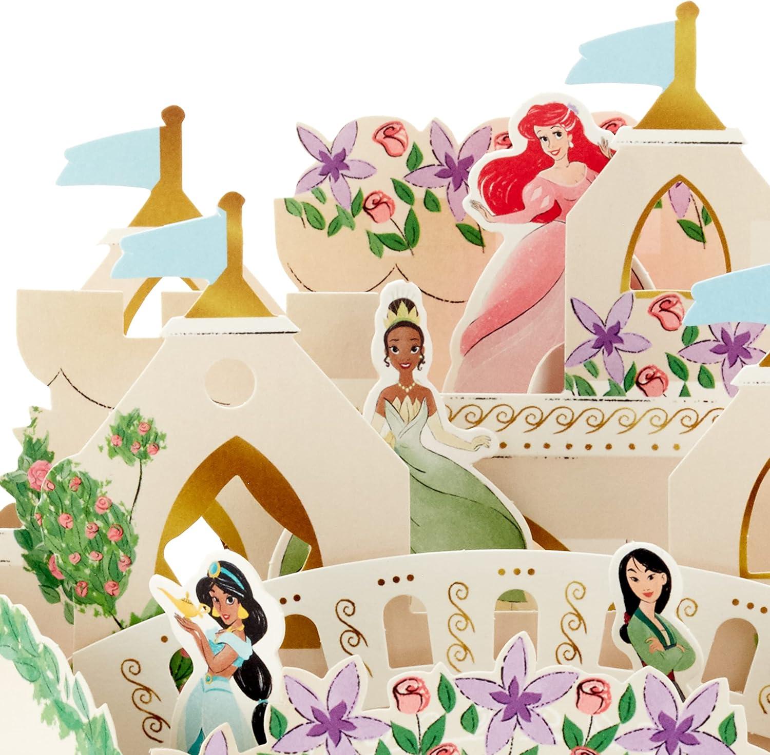 imageHallmark Paper Wonder Disney Princess Pop Up Birthday Card for Kids Ariel Cinderella Mulan Jasmine Belle TianaCastle Scene with Paper Princess Figures