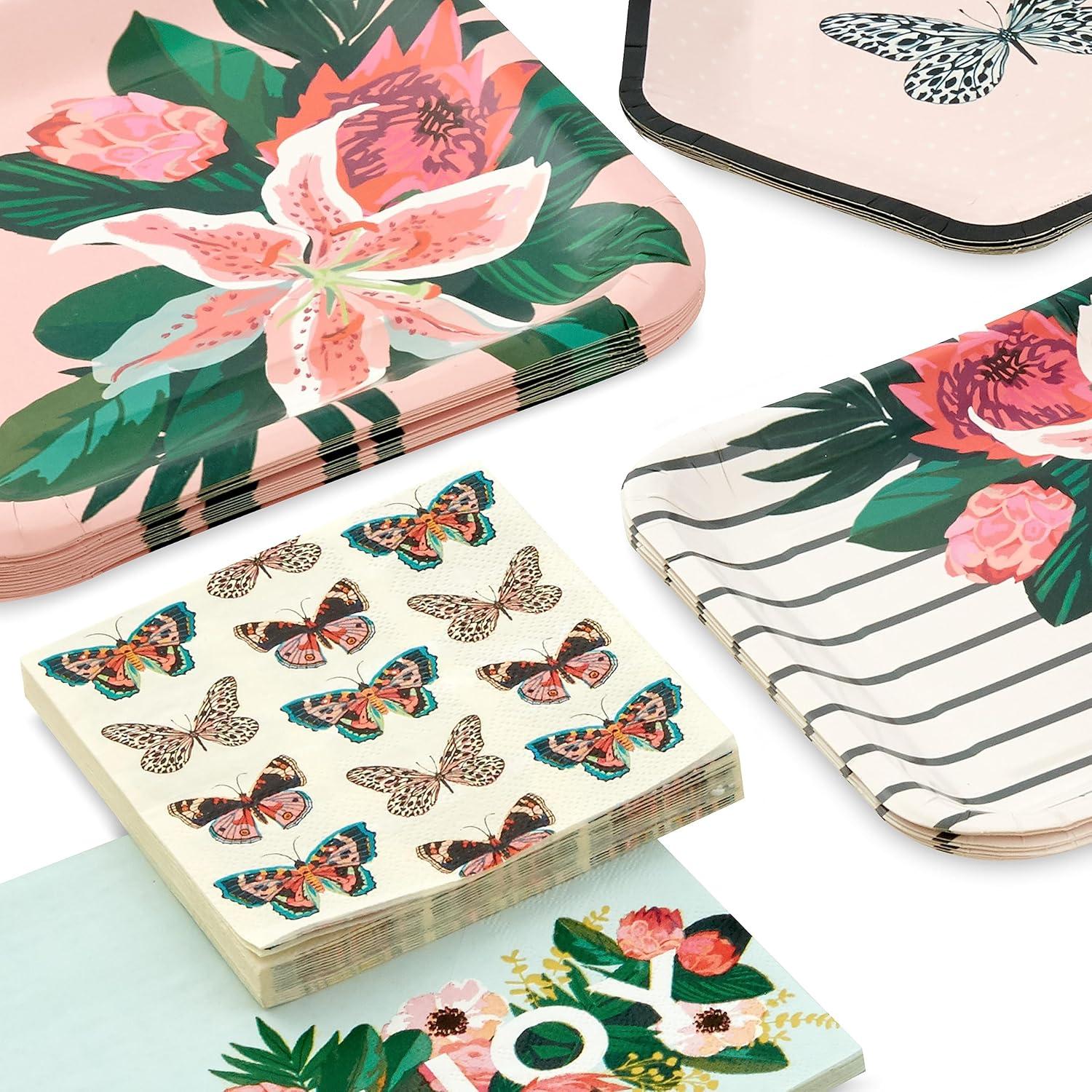 imageHallmark Pink and Green Party Supplies 16 Dinner Plates 8 Square Dessert Plates 8 Hexagonal Dessert Plates 16 Dinner Napkins 16 Beverage Napkins Butterflies Pink Flowers Stripes