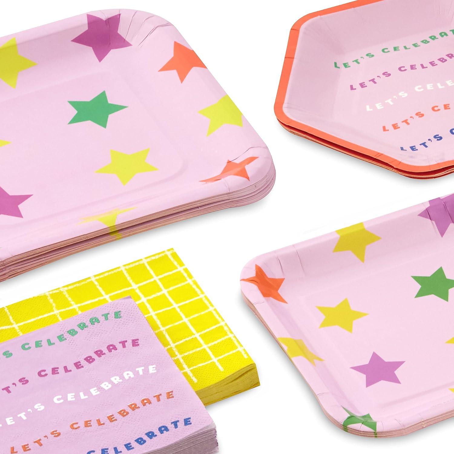 imageHallmark Pink and Yellow Party Supplies 16 Square Dinner Plates 8 Square Dessert Plates 8 Hexagonal Dessert Plates 32 Beverage Napkins for Birthdays Bridal Showers Graduations