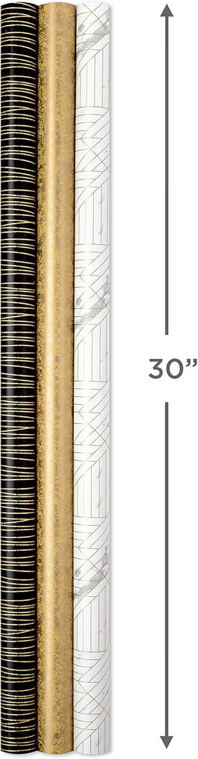 imageHallmark Premium Wrapping Paper Roll Bundle with Cut Lines on Reverse 3 Rolls 85 sq ft ttl Marble Black Antiqued Gold for Valentines Day Graduations Birthdays Weddings and Bridal ShowersBlack and Gold