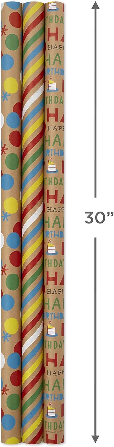 imageHallmark Recycled Wrapping Paper with Cutlines on Reverse 3 Rolls 60 Sq Ft Ttl Modern Florals Abstract Leaves for Birthdays Bridal Showers EasterKraft Colorful Dots  Stripes  Balloons