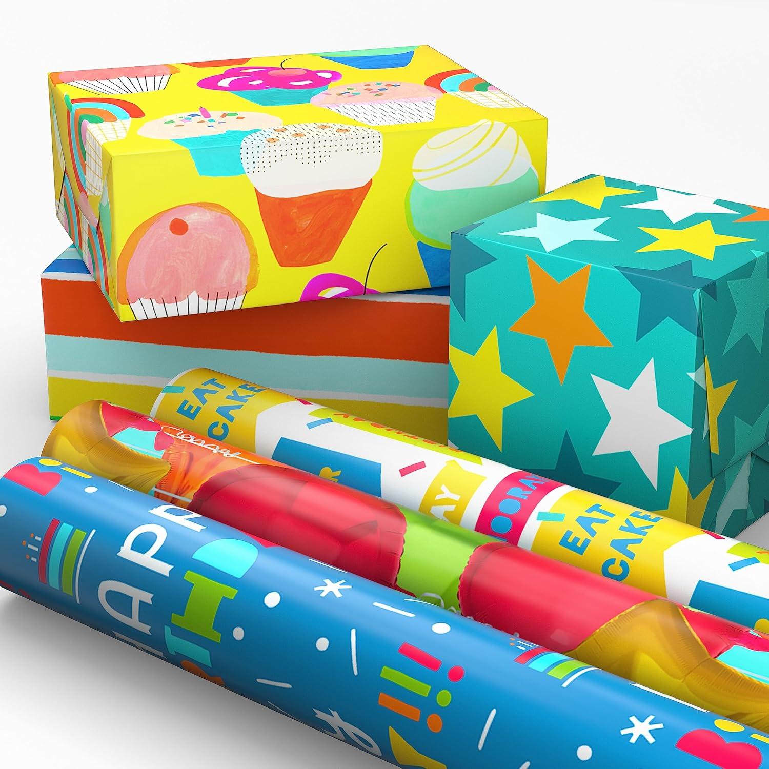 imageHallmark Recycled Wrapping Paper with Cutlines on Reverse 3 Rolls 60 Sq Ft Ttl Red Blue Green Gold Stripes Candles quotHappy Birthdayquot for Kids and AdultsStars  Stripes  Balloons