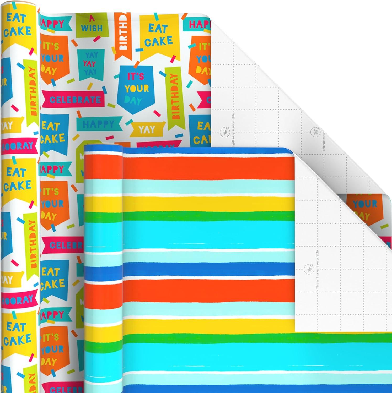 imageHallmark Recycled Wrapping Paper with Cutlines on Reverse 3 Rolls 60 Sq Ft Ttl Red Blue Green Gold Stripes Candles quotHappy Birthdayquot for Kids and AdultsStars  Stripes  Balloons