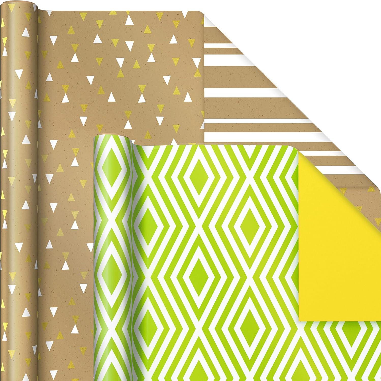 imageHallmark Recycled Wrapping Paper with Cutlines on Reverse 3 Rolls 60 Sq Ft Ttl Red Blue Green Gold Stripes Candles quotHappy Birthdayquot for Kids and AdultsGreen  Blue