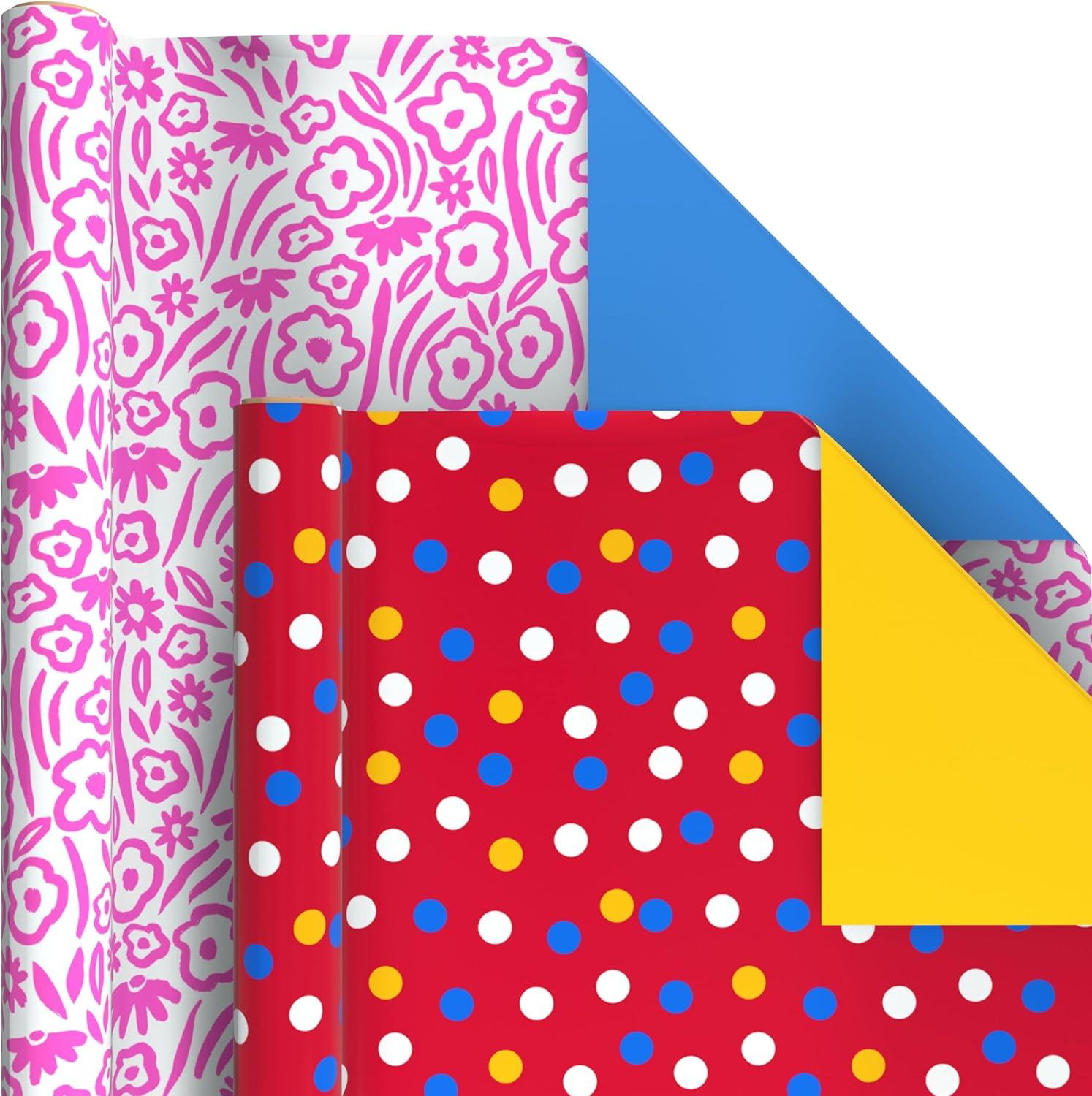 imageHallmark Recycled Wrapping Paper with Cutlines on Reverse 3 Rolls 60 Sq Ft Ttl Red Blue Green Gold Stripes Candles quotHappy Birthdayquot for Kids and AdultsRed  Blue  Black  White  Yellow