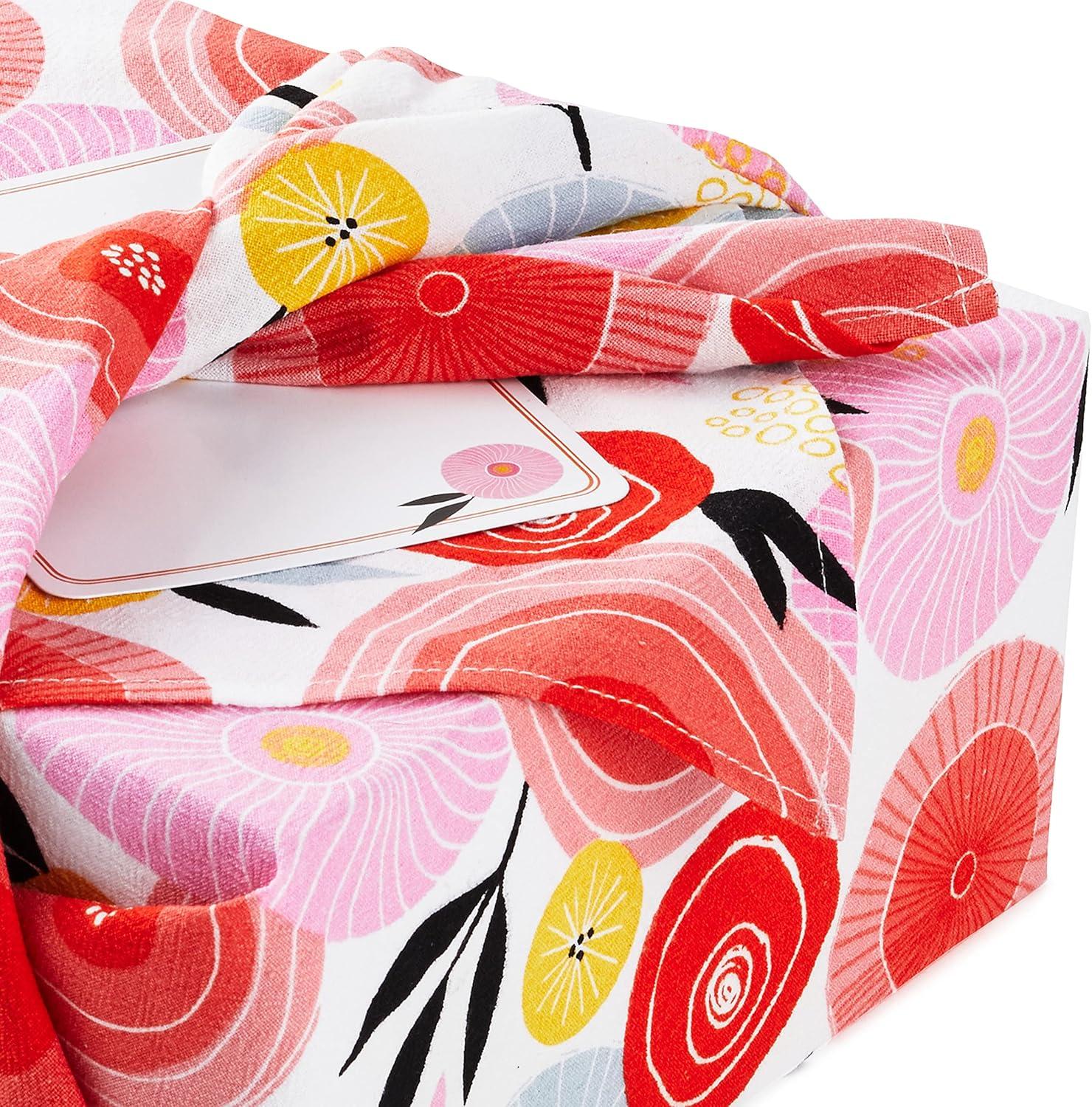 imageHallmark Reusable Fabric Gift Wrap 1 Sheet 26quot x 26quot Black and White Dots and Stripes for Birthdays Mothers Day Weddings Engagements Graduations and MoreModern Flowers  Orange  Pink  Yellow  Blue