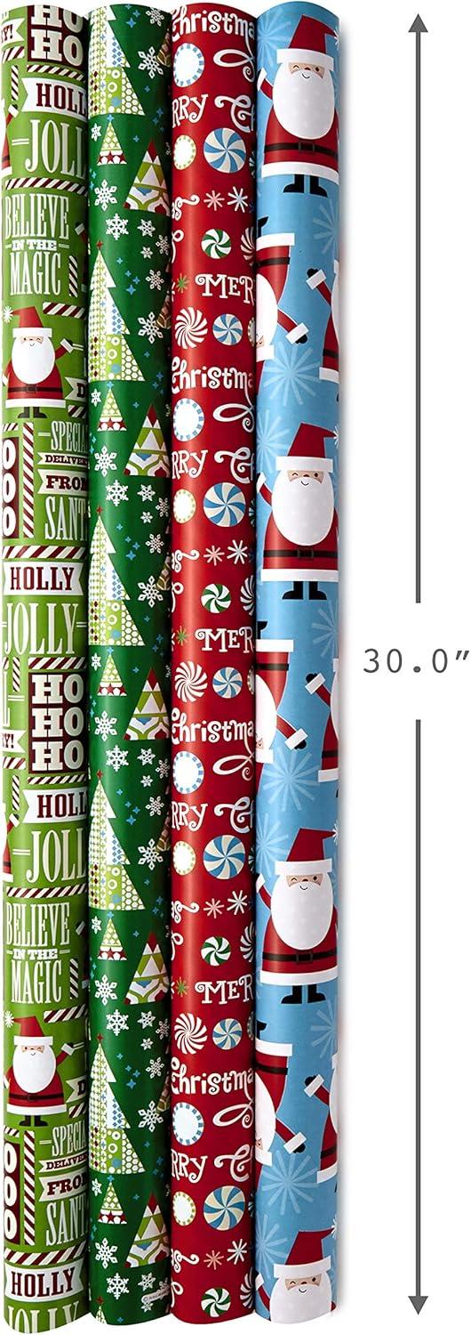 imageHallmark Reversible Christmas Wrapping Paper Bundle Elegant Blue and Gold 4 Rolls 150 sq ft ttl Dark Blue Gold Teal Snowflakes Peace Stripes GeometricSanta and Trees