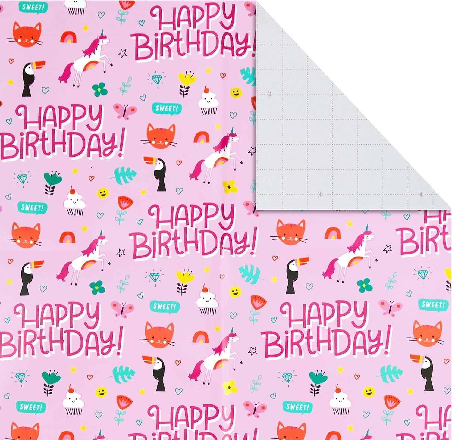 imageHallmark Reversible Flat Wrapping Paper Sheets 12 Folded Sheets with Sticker Seals Rainbow Happy Exclamation Points Polka Dots Confetti for Birthdays Graduations CelebrationsPink  Blue  Green