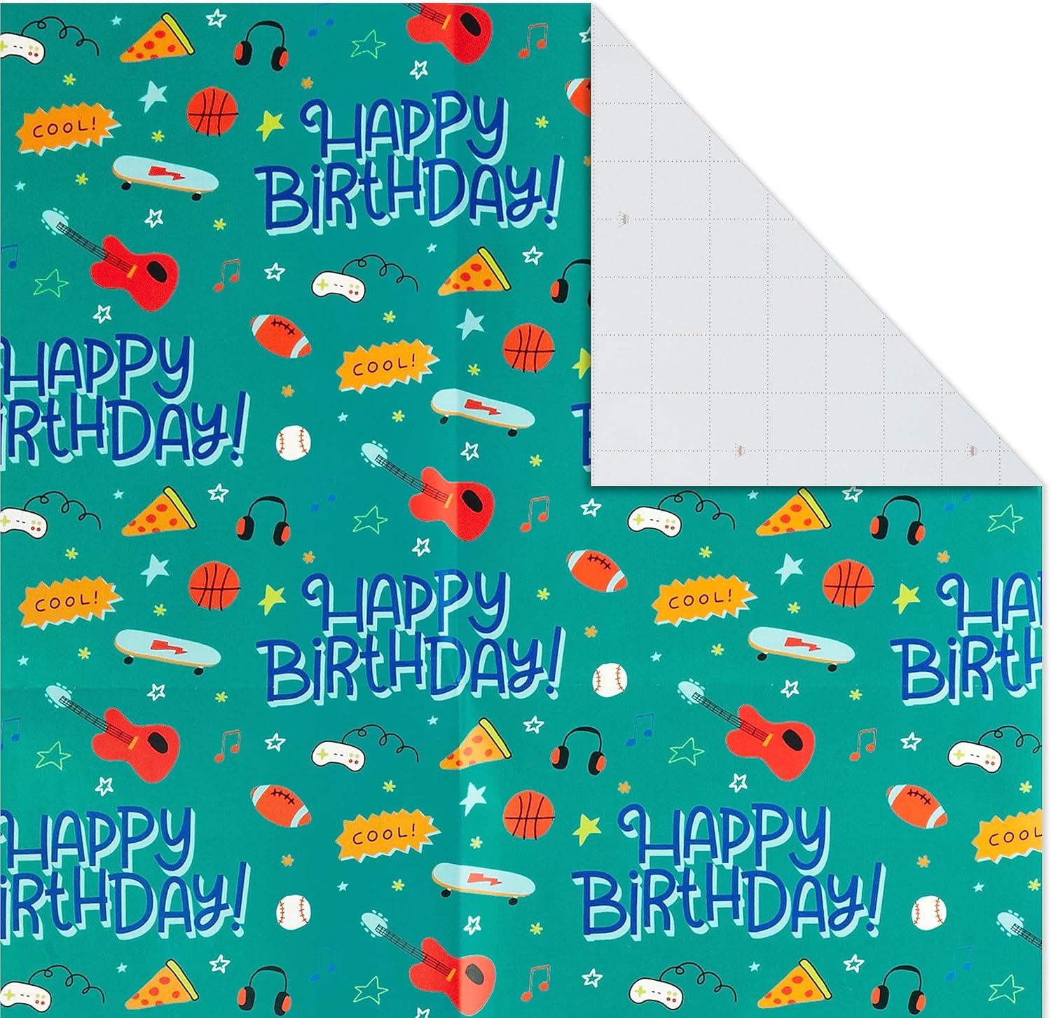 imageHallmark Reversible Flat Wrapping Paper Sheets 12 Folded Sheets with Sticker Seals Rainbow Happy Exclamation Points Polka Dots Confetti for Birthdays Graduations CelebrationsPink  Blue  Green