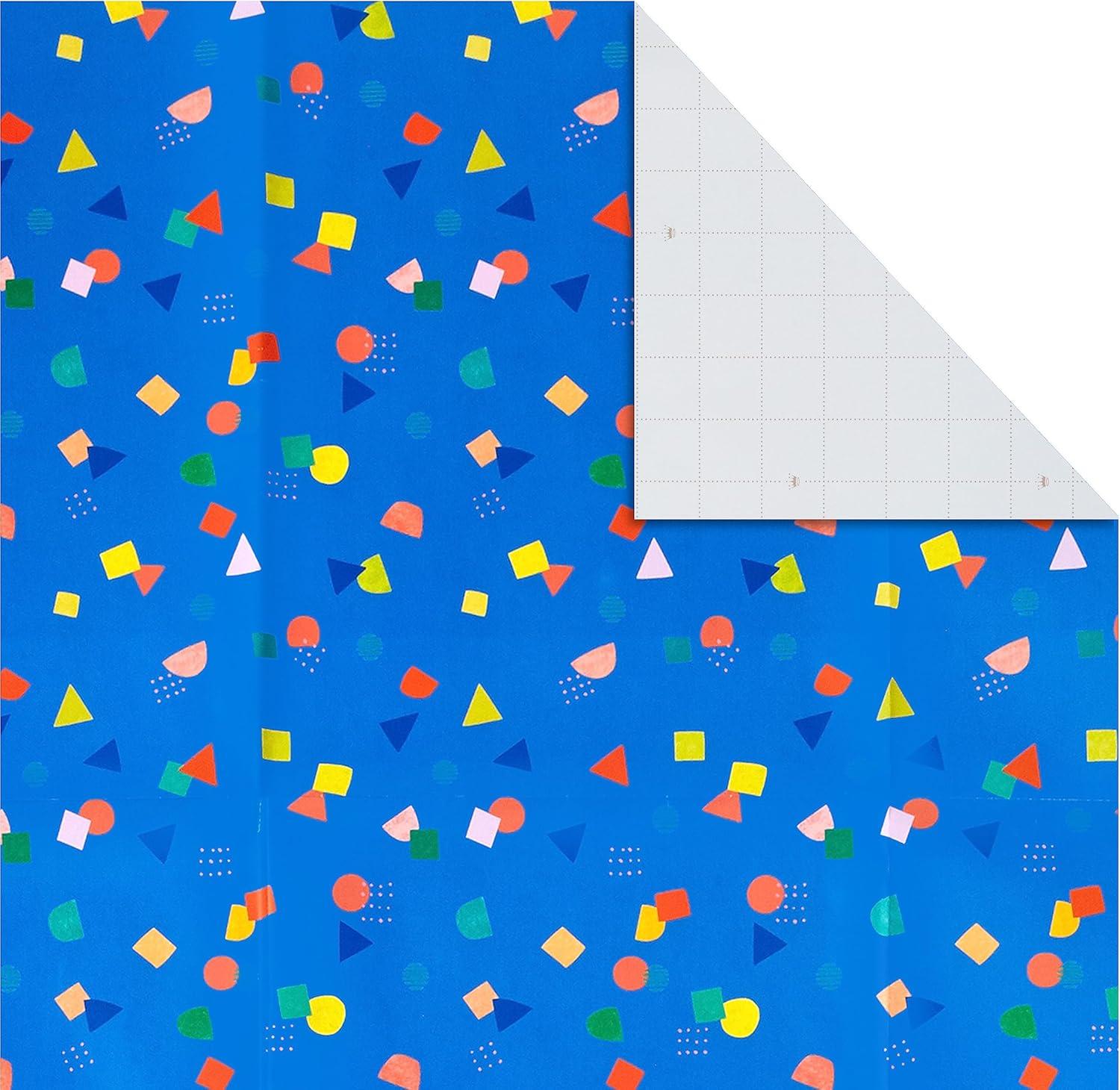 imageHallmark Reversible Flat Wrapping Paper Sheets 12 Folded Sheets with Sticker Seals Rainbow Happy Exclamation Points Polka Dots Confetti for Birthdays Graduations CelebrationsPink  Blue  Green