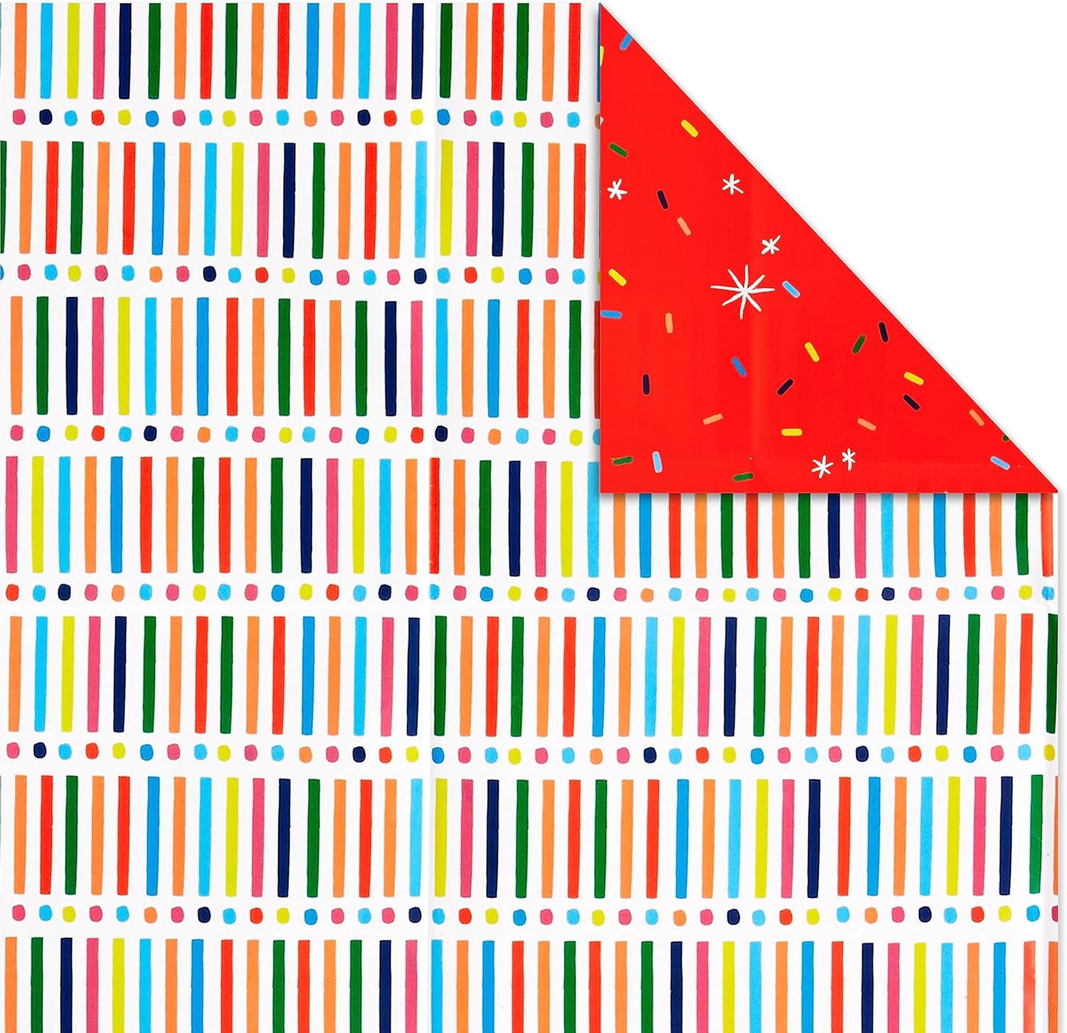imageHallmark Reversible Flat Wrapping Paper Sheets 12 Folded Sheets with Sticker Seals Rainbow Happy Exclamation Points Polka Dots Confetti for Birthdays Graduations CelebrationsNavy  Red  Rainbow