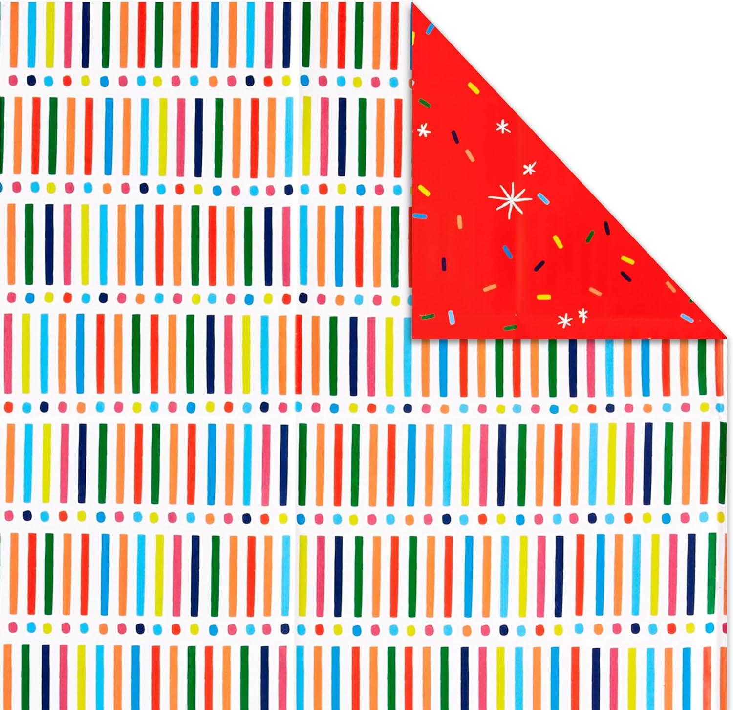 imageHallmark Reversible Flat Wrapping Paper Sheets 12 Folded Sheets with Sticker Seals Rainbow Happy Exclamation Points Polka Dots Confetti for Birthdays Graduations CelebrationsNavy  Red  Rainbow