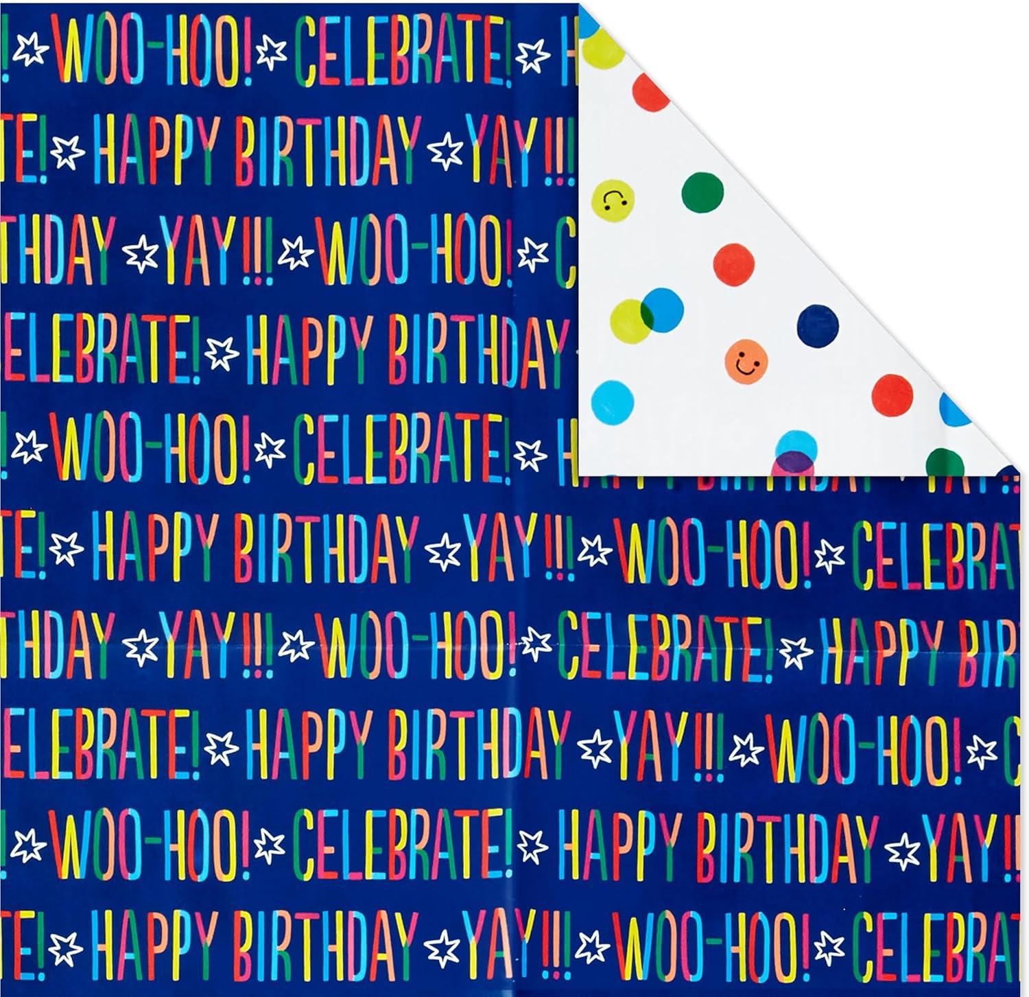 imageHallmark Reversible Flat Wrapping Paper Sheets 12 Folded Sheets with Sticker Seals Rainbow Happy Exclamation Points Polka Dots Confetti for Birthdays Graduations CelebrationsNavy  Red  Rainbow