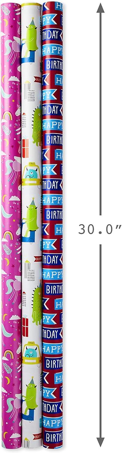 imageHallmark Reversible Kids Birthday Wrapping Paper Monsters and Unicorns Pack of 3 120 sq ft ttlMonsters and Unicorns