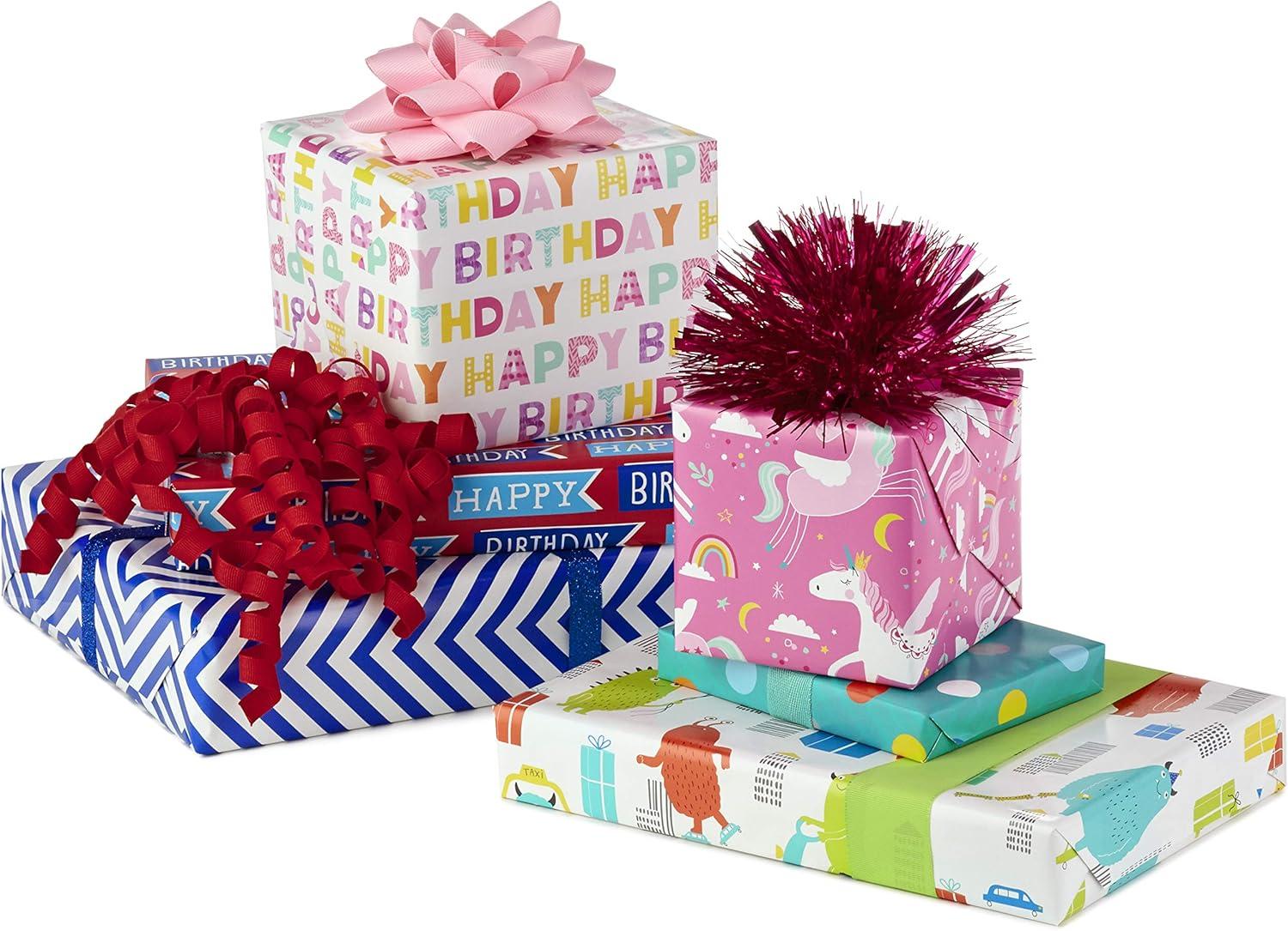 imageHallmark Reversible Kids Birthday Wrapping Paper Monsters and Unicorns Pack of 3 120 sq ft ttlMonsters and Unicorns