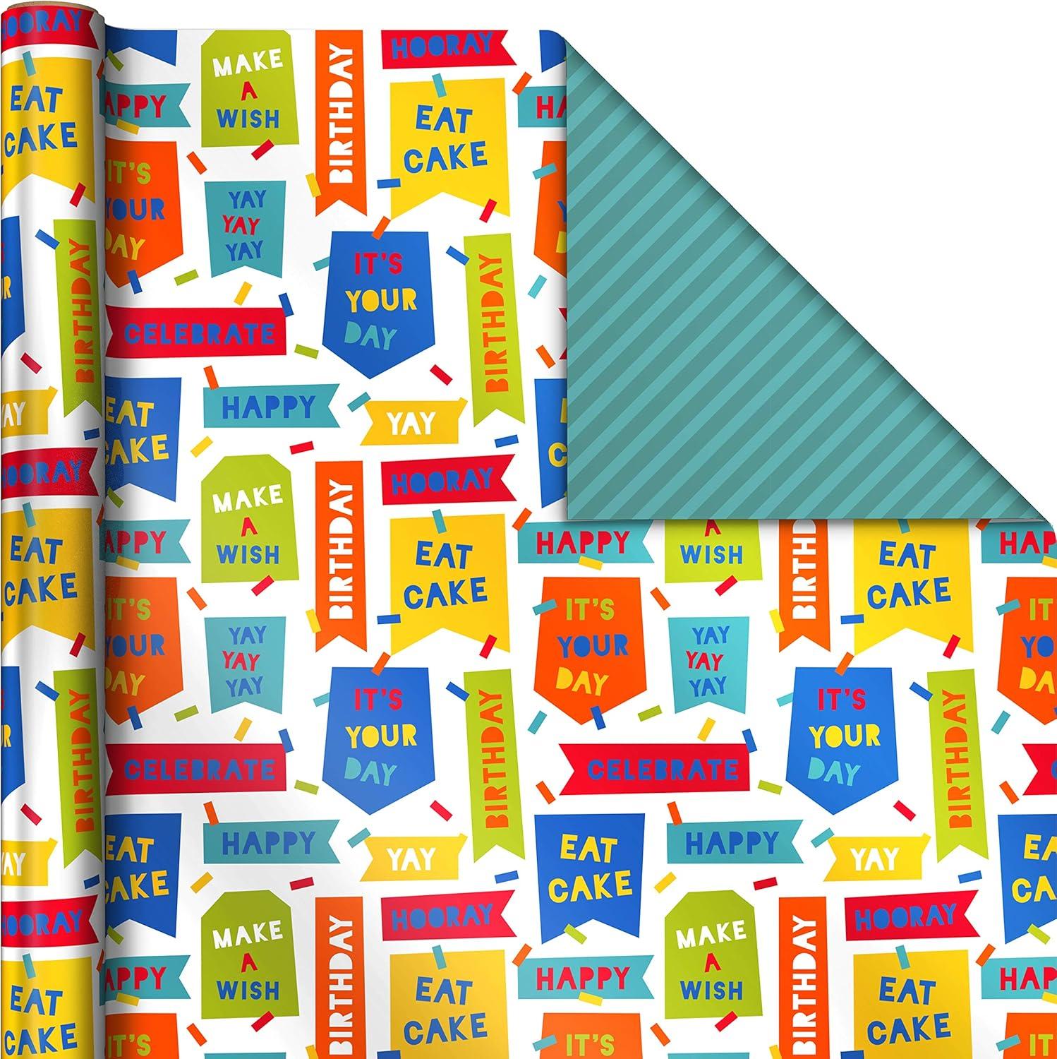 imageHallmark Reversible Wrapping Paper Roll Bundle Peach ampamp Purple Flowers Pink Stripes Balloons 3 Rolls 75 sq ft ttl for Birthdays Mothers Day Weddings Baby Showers and Bridal ShowersReversible Birthday