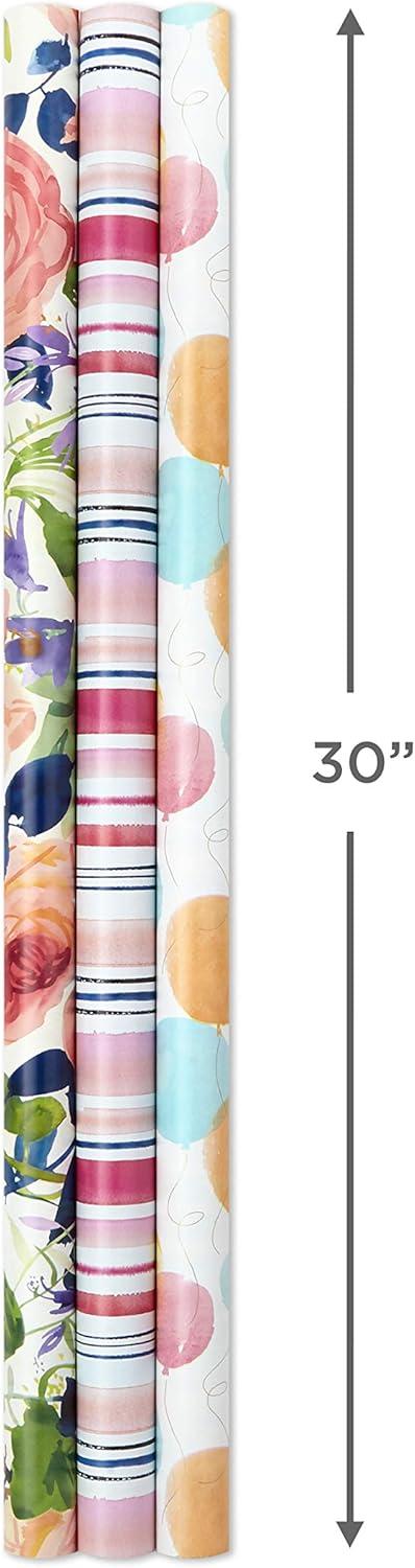 imageHallmark Reversible Wrapping Paper Roll Bundle Peach ampamp Purple Flowers Pink Stripes Balloons 3 Rolls 75 sq ft ttl for Birthdays Mothers Day Weddings Baby Showers and Bridal ShowersReversible Floral  Striped  Balloons